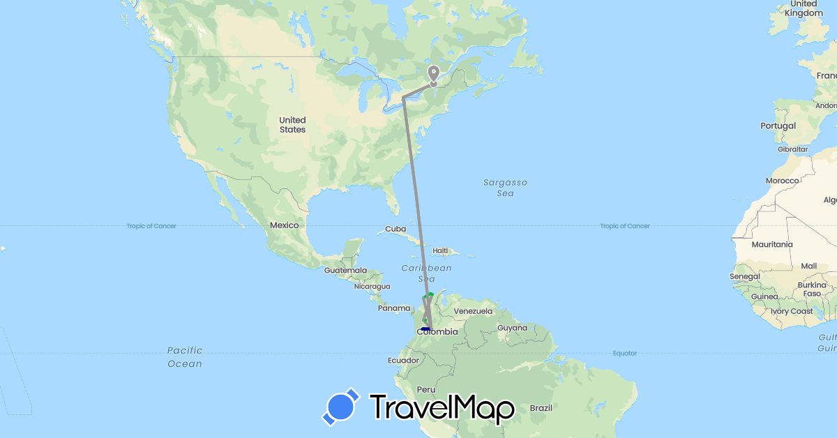 TravelMap itinerary: driving, bus, plane in Canada, Colombia (North America, South America)